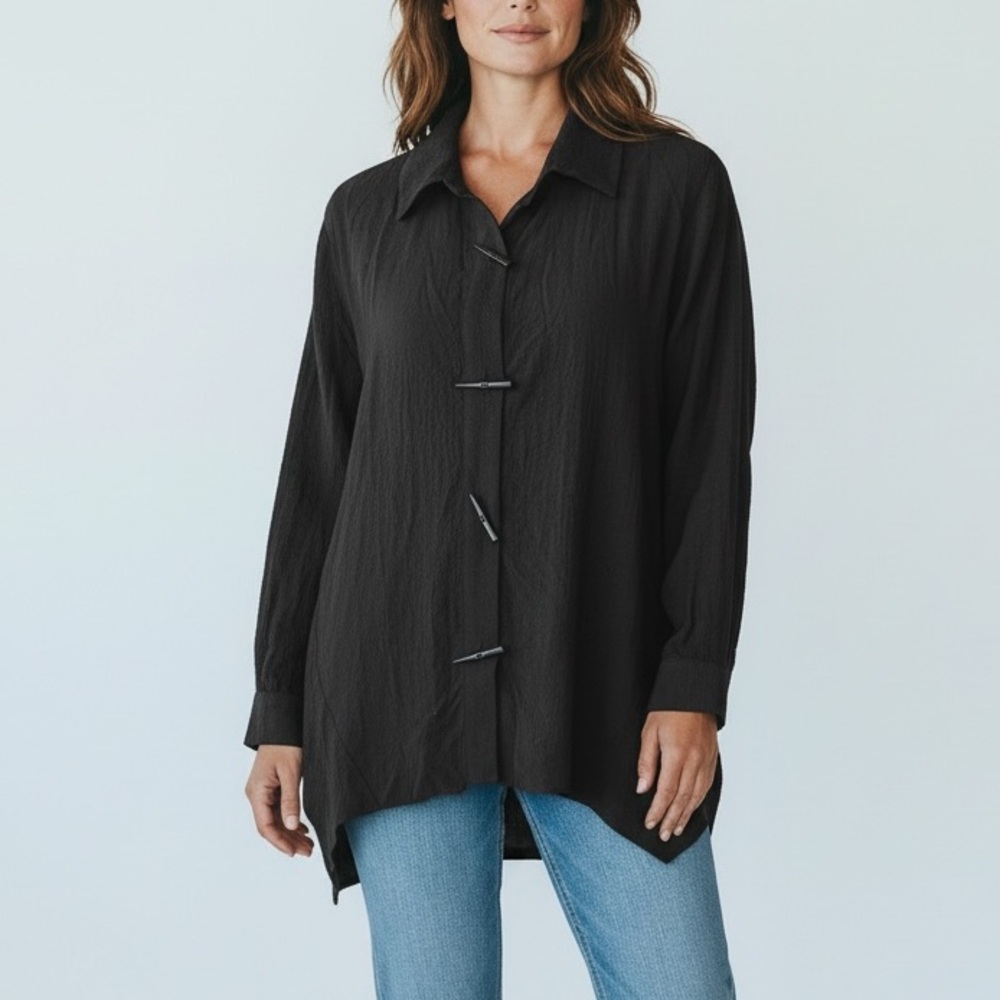 Apropos Black Assymetric Hem Button Front Blouse Top Womens Medium